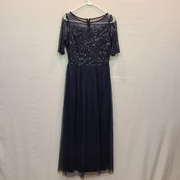 Adrianna Papell Formal Dress Beaded Sequin Womens 4 Navy Blue Short Sleeve Maxi - Picture 2 of 16